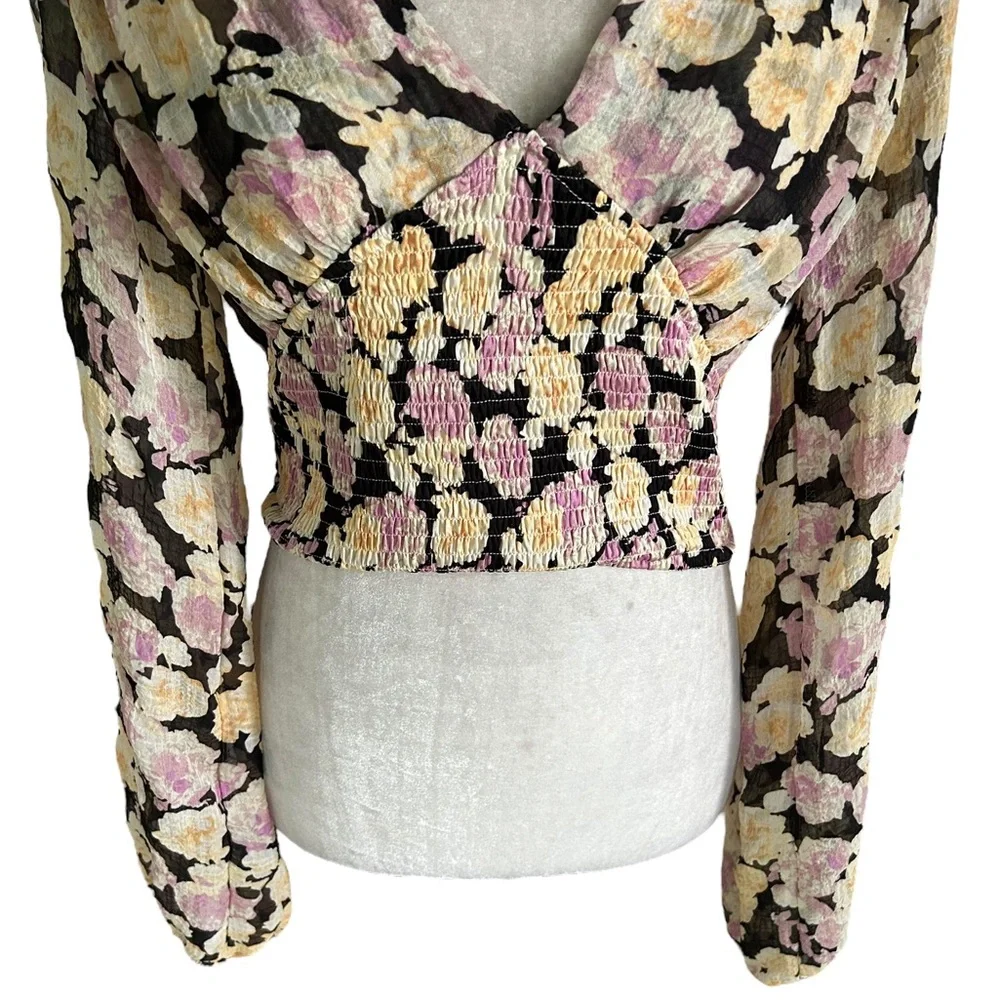 Lulus Romantic Impression Black Floral Smocked Tie Back Cropped Top - M - Picture 6 of 15